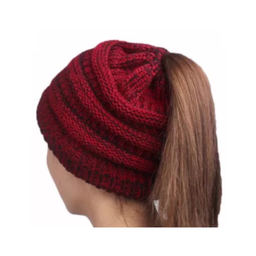 🌹✅Burgundy Beanietail High Bun Stretchy Knit Hat